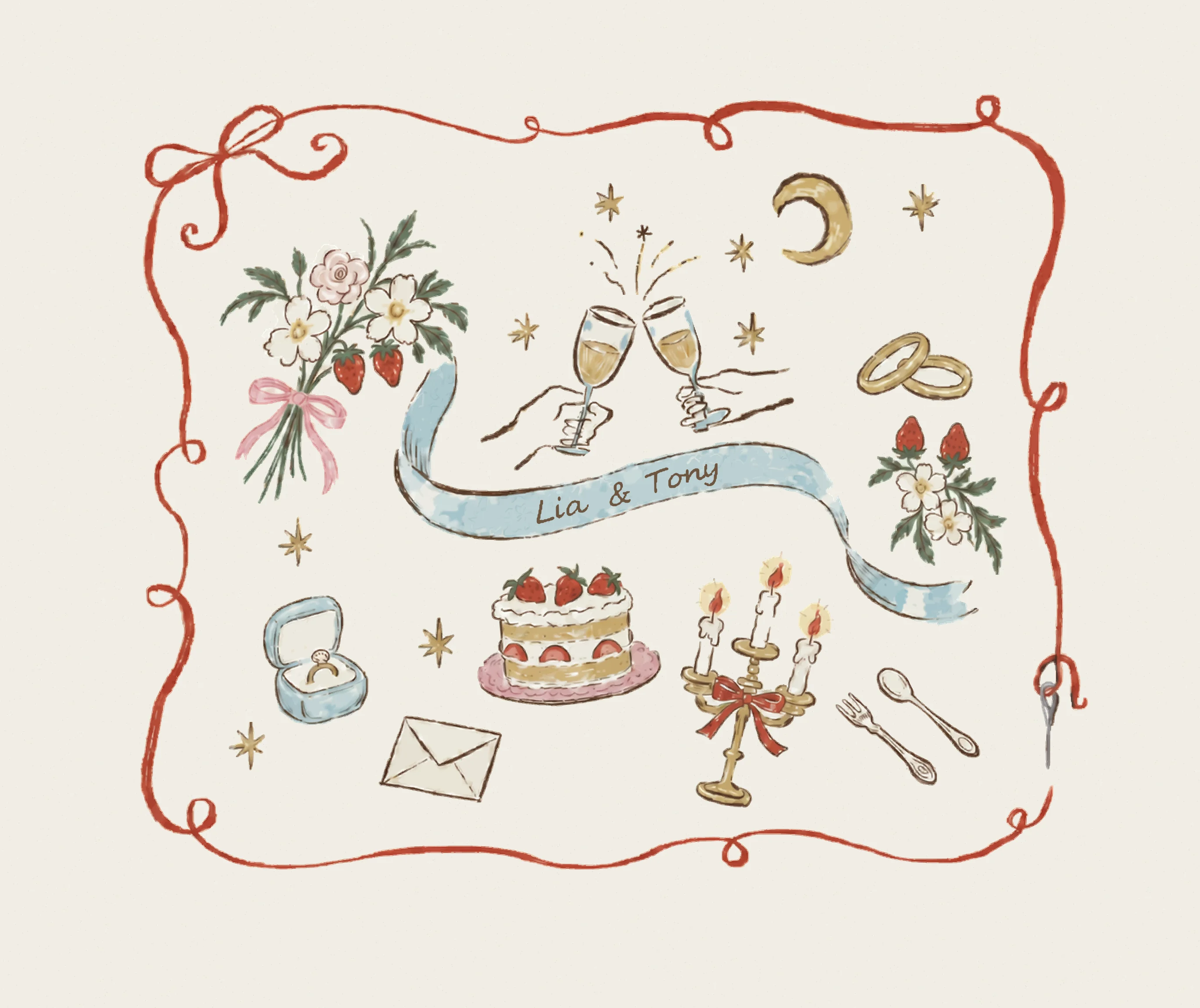 YJ’s illustration for Lia and Tony’s wedding: a blue ribbon with their names, clinking champagne glasses, a strawberry layer cake, a bouquet, rings, candles and an envelope, inside a looping red ribbon frame.